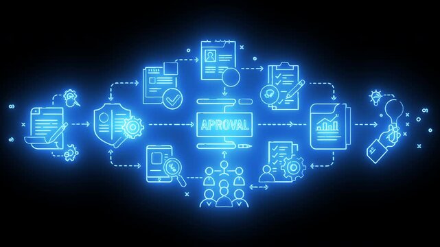 Neon blue glowing animation of digital document approval system with people, files, and email icons connected in workflow diagram