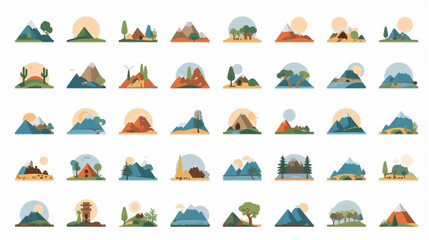 Flat Design Mountain and Landscape Icons with Sun and Trees