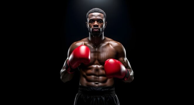 Powerful athletic boxer in red gloves posing confidently in dramatic lighting for sports and fitness motivation theme
