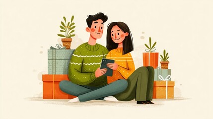 Young Couple Sitting Together Using Smartphone Surrounded by Gift Boxes and Plants in Cozy Home Setting