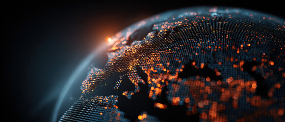 Digital globe with glowing pixels represents global data visualization, highlighting connectivity and technology