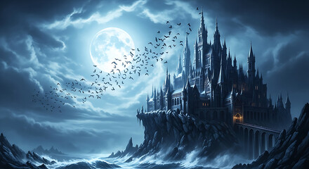 A gothic castle perched on a cliff under a full moon with a flock of birds.