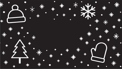 Simple winter themed background featuring snowflakes hat mitten and pine tree on black background perfect for holiday designs festive decorations and seasonal graphic projects