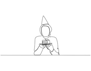 Woman holding birthday cake continuous line art. Woman with cake one line drawing. Birthday celebration concept vector illustration