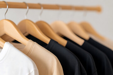 Fototapeta premium Minimalist clothing rack featuring a selection of garments in neutral and dark tones, enhancing a clean and organized aesthetic.