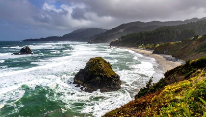 A dramatic coastal scene showcasing a rugged shoreline with waves crashing against rock formations and sandy beaches. A cloudy sky hangs above