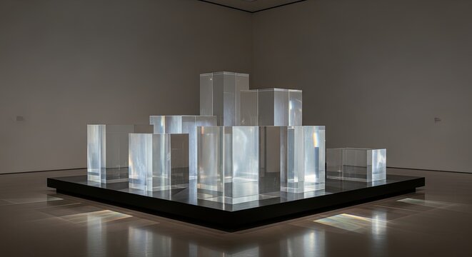 Abstract Sculpture of Clear Acrylic Blocks on a Pedestal in a Gallery