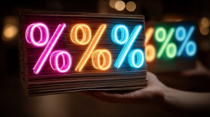 Neon Percent Signs in Bright Colorful Light Display on Black Background