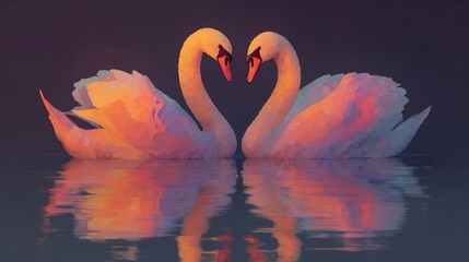 Elegant Swans Swimming in Calm Dark Water with Pink and Orange Reflections