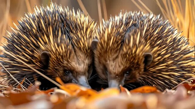 Two adorable echidnas foraging for food in the Australian bushland during autumn.