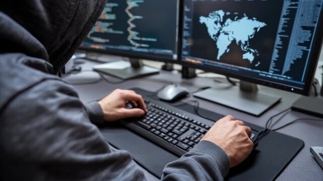 Hacker typing code: computer screen, system breach, data theft, network exploit, keyboard motion, digital intrusion, software crack, encrypted file, security risk, virtual space, cyber danger