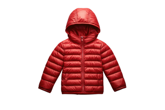 Red down puffer jacket with hood, isolated on black, child size