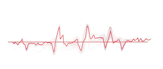 Stylized red waveform on black background with pale white fuzz around it