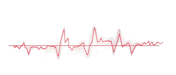 Stylized red waveform on black background with pale white fuzz around it