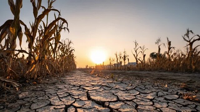 Cracked, parched soil stretches across a drying cornfield as the sun sets.