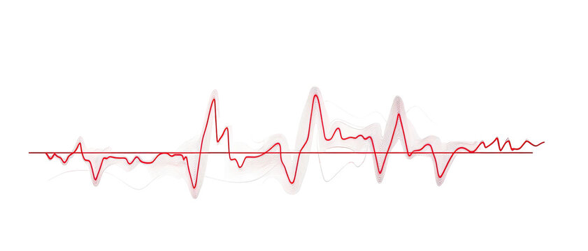 Stylized red waveform on black background with pale white fuzz around it