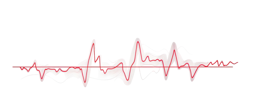 Stylized red waveform on black background with pale white fuzz around it