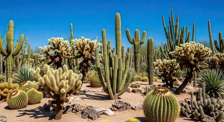 Vast Desert Landscape Filled with Diverse Cactus Species Under a Clear Blue Sky