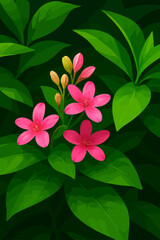 A digital illustration of vibrant pink flowers blooming among lush green leaves. The flowers have five delicate petals each, surrounded by several unopened buds. The background features deep green fol
