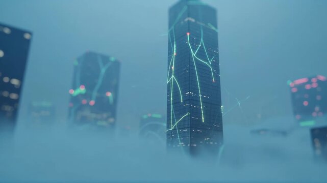 Futuristic smart city with towering skyscrapers above low clouds, innovative data transfer through digital networks in an urban environment footage