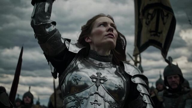 Dramatic low-angle shot of a knight in armor holding a sword, set against a cloudy sky. Ideal for a medieval-themed video scene.