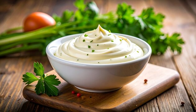 A creamy white dip sits in a white bowl on a wooden cutting board. Fresh herbs and tomato pieces border the bowl on a wood surface