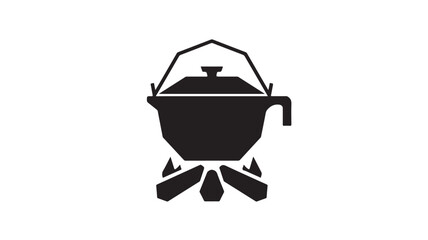 Bold camping icon showcasing a pot cooking over an open fire, perfect for outdoor adventure themes, camping gear promotions, and rustic lifestyle branding, ready for your creative projects