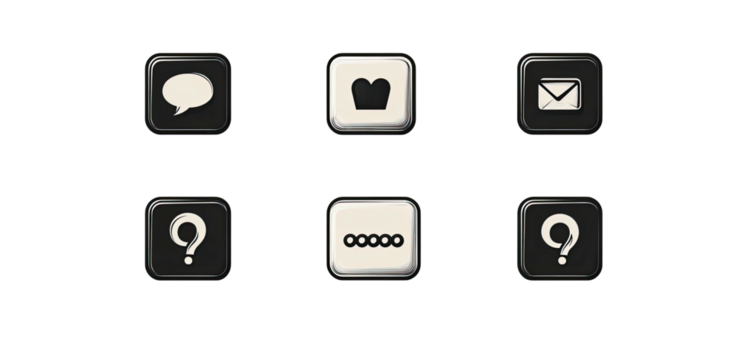 Six icons on black chat, toast, email, question, link, question