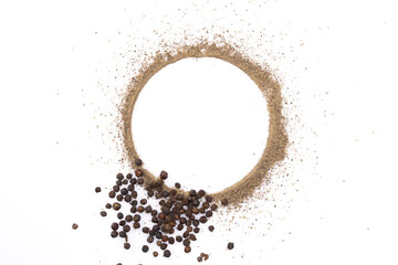 Black peppercorns and ground black pepper powder on white background