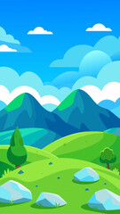 Obraz premium Cartoon landscape with hills trees and cloudy sky