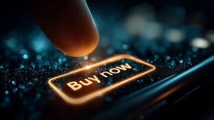 Close Up Finger Presses Bright Orange Buy Now Button on Digital Screen with Sparkling Effects
