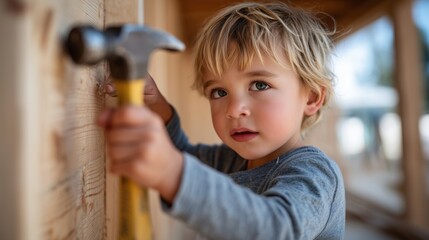 Child using hammer in a construction area