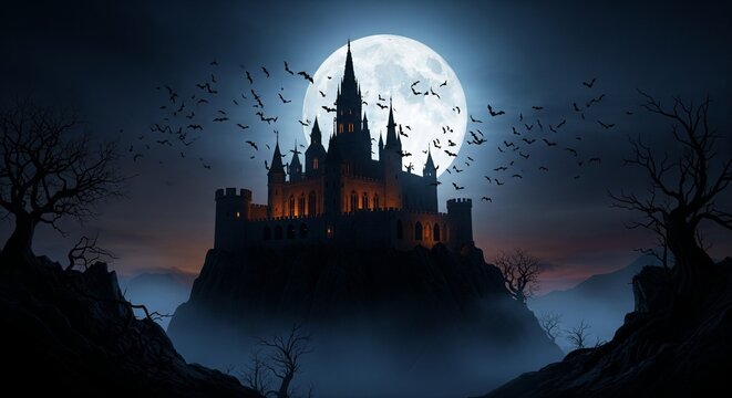 Spooky Castle on a Hill Under a Full Moon with Bats Flying.