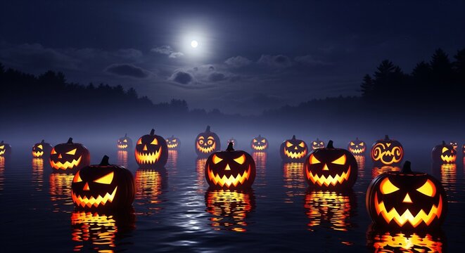 Spooky Halloween Pumpkins Glowing in the Dark Night Sky with Full Moon.