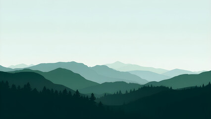 Naklejka premium Minimalist Mountain Landscape with Forest Silhouettes and Layered Hills