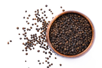 Black peppercorns on white background	