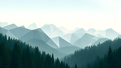 Fototapeta premium Polygonal Mountain Landscape with Pine Forest and Misty Morning Atmosphere