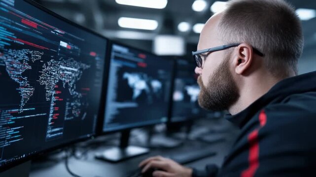 Man hacking system: computer keyboard, cyber threat, data breach, network intrusion, software exploit, encrypted code, security flaw, digital access, system crack, virtual space, keyboard typing