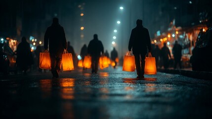 Nighttime Street Scene with People Carrying Bright Orange Shopping Bags in Urban Environment