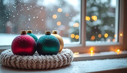 Snowy Window Sill with Christmas Ornaments and Frosted Glass