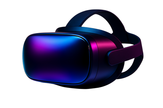 Futuristic vr headset with purple and blue lighting isolated on transparent background