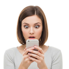Fototapeta premium Shocked woman looking at phone surprised expression mobile device user reaction digital communication app news on transparent background