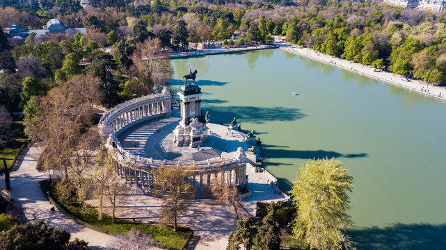 Madrid, Spain - Aerial view of the monument to Alfonso XII in El Retiro Park
