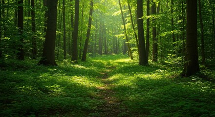 Obraz premium A peaceful forest floor bathed in soft, dappled sunlight, creating an inviting and secure natural sanctuary. Lush green foliage thrives undisturbed ,tranquil scene ,secure ,well-being