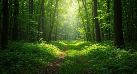 Obraz premium A peaceful forest floor bathed in soft, dappled sunlight, creating an inviting and secure natural sanctuary. Lush green foliage thrives undisturbed ,undisturbed ,green nature ,peaceful environment