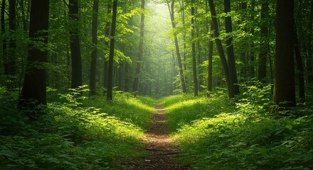 Fototapeta premium A peaceful forest floor bathed in soft, dappled sunlight, creating an inviting and secure natural sanctuary. Lush green foliage thrives undisturbed ,protected ,outdoors ,forest