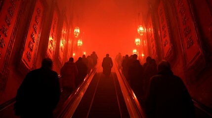People Ascending Escalator Inside Traditional Chinese Temple with Red Lanterns and Intricate Wall Decorations