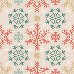 seamless pattern of colorful retro snowflakes.