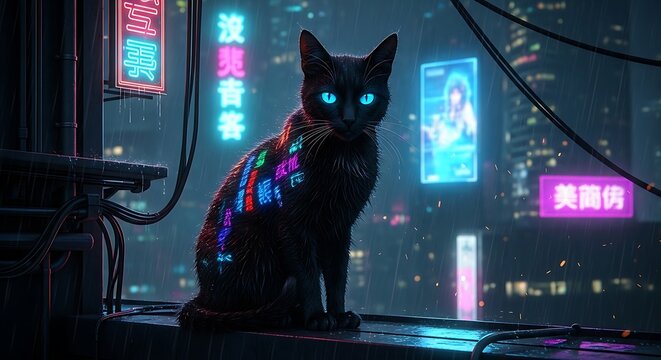 Cyberpunk Cat - Glowing Eyes, Neon Cityscape, Futuristic Feline, Digital Art.