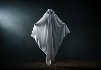 A translucent, ethereal ghost figure hovers eerily in a dimly lit, atmospheric setting, perfect for Halloween themes and spooky designs ,mysterious ,October ,seasonal